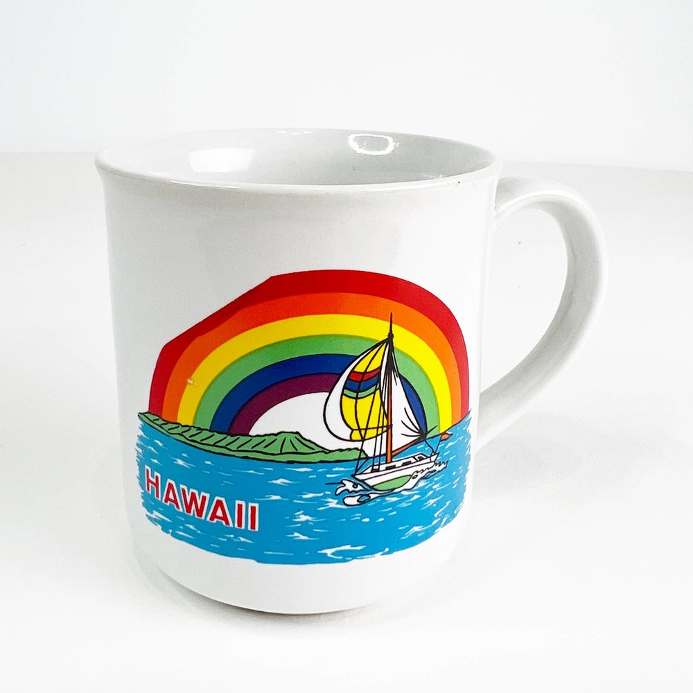 Vintage Hawaii ceramic mug coffee tea rainbow beach  sail boat